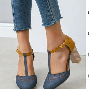 Two-Tone T-Strap Block Heels in Blue and Mustard Worn for a one hour event only